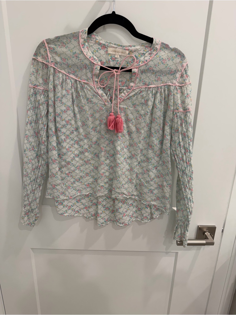 LoveShackFancy White Floral Peasant Blouse with Pink Tassel